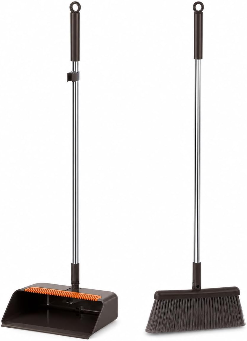 SKY-TOUCH Coffee Brown Broom and Dustpan Set with Long Handle, Upright Standing Dustpan with Built-in Comb Teeth, Indoor Sweeping Cleaning Set for Kitchen, Home, Office and Pet Hair