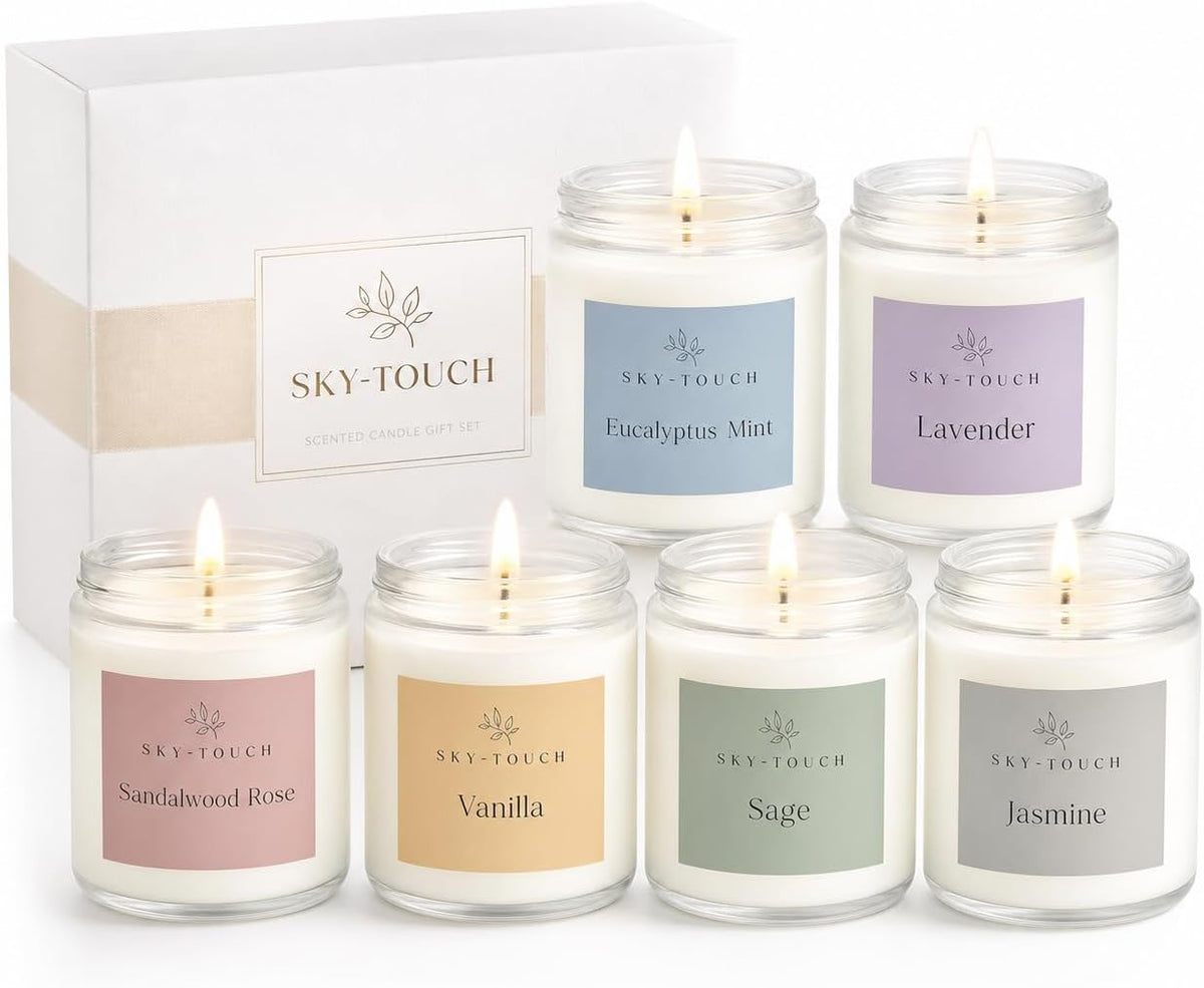 SKY-TOUCH 6 Pack Scented Candles Gift Set, Natural Soy Wax Aromatherapy Candles with Essential Oils for Women Men Friends Family, Eucalyptus Mint, Lavender, Sandalwood Rose, Vanilla, Sage, Jasmine
