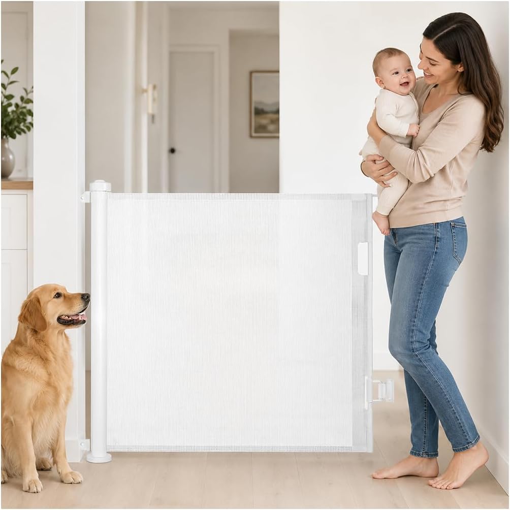 SKY-TOUCH Retractable Baby Safety Gate (300 x 86 cm Mesh Pet Gate) – Drill-Mount Installation, Adjustable Width Suitable for Stairs, Doorways, and Hallways, White