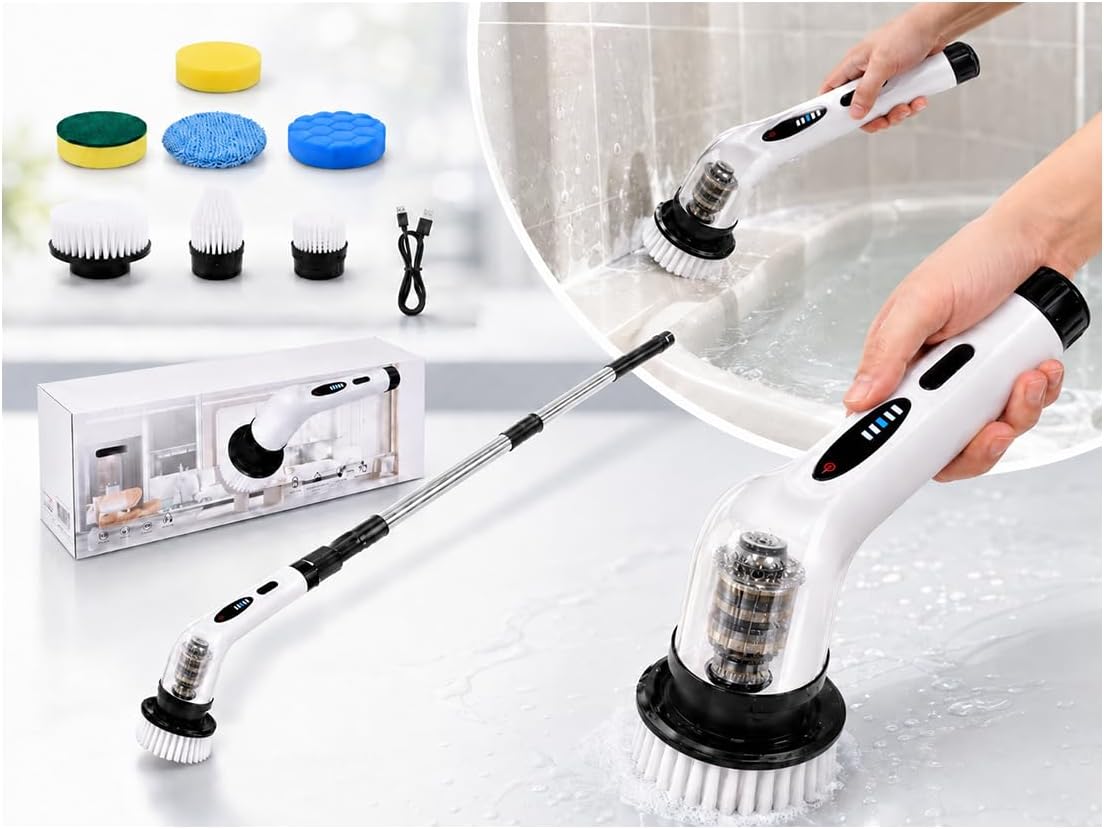 SKY-TOUCH Electric Rotating Cleaning Brush – Cordless Multi-Functional Scrubber with 7 Brush Heads, 2 Adjustable Speeds, Ideal for Bathrooms, Kitchens, Bathtubs & Glass Surfaces