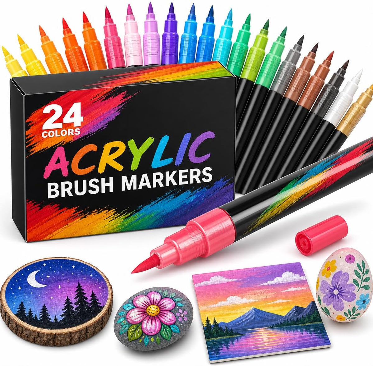 SKY-TOUCH Acrylic Paint Pens, 24 Colors Brush Tip Paint Markers, Water-Based Quick Dry Art Markers for Rock Painting, Wood, Glass, Canvas, Stone, Ceramic, Paper, DIY Crafts for Kids & Adults