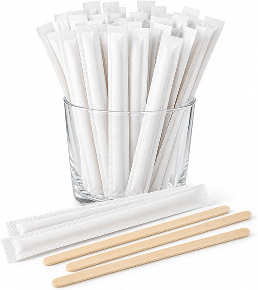 SKY-TOUCH 100pcs Individually Wrapped Wooden Coffee Stirrers - 14cm Coffee Stir Sticks, Round End Disposable Stir Sticks, For Coffee, Cocktail and Hot Drinks