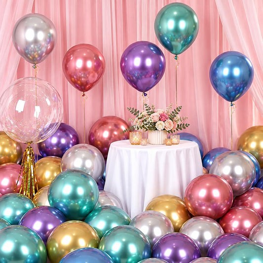 SKY-TOUCH Metallic Balloon Party Supplies Multi Color Balloon Decorations For Personal Gift Toys Multi Occasion 12 Inch Latex Round Balloons Birthday Party Metal Balloons, 100Pcs