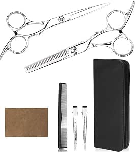 SKY-TOUCH Professional Home Haircutting Scissor Set (Silver) – Includes Haircutting Scissors, Thinning Shears, Comb, and Storage Case