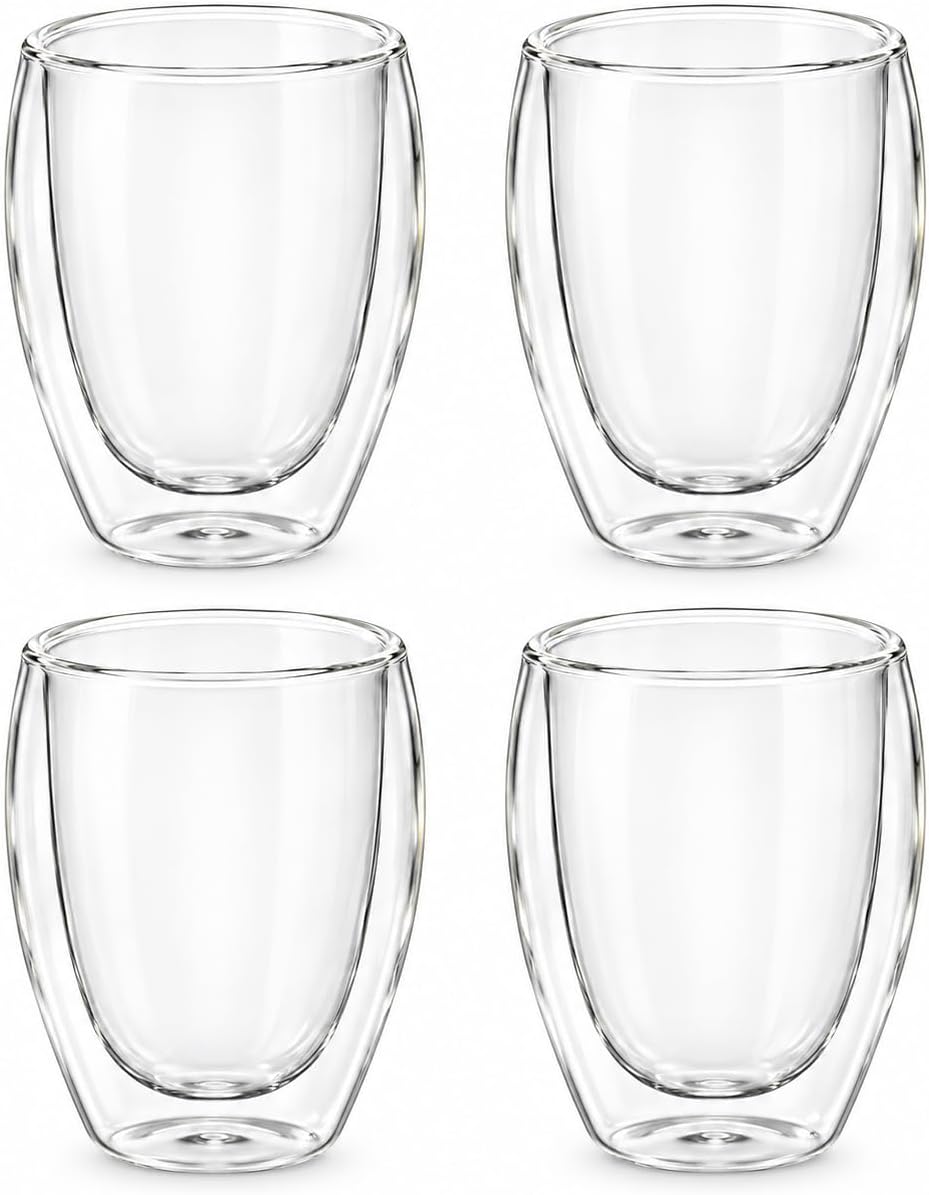SKY-TOUCH Glass Cups, Double Walled Thermo Espresso Glasses, Insulated Coffee Mugs, Drinking Glasses, 250ml, 4Pack