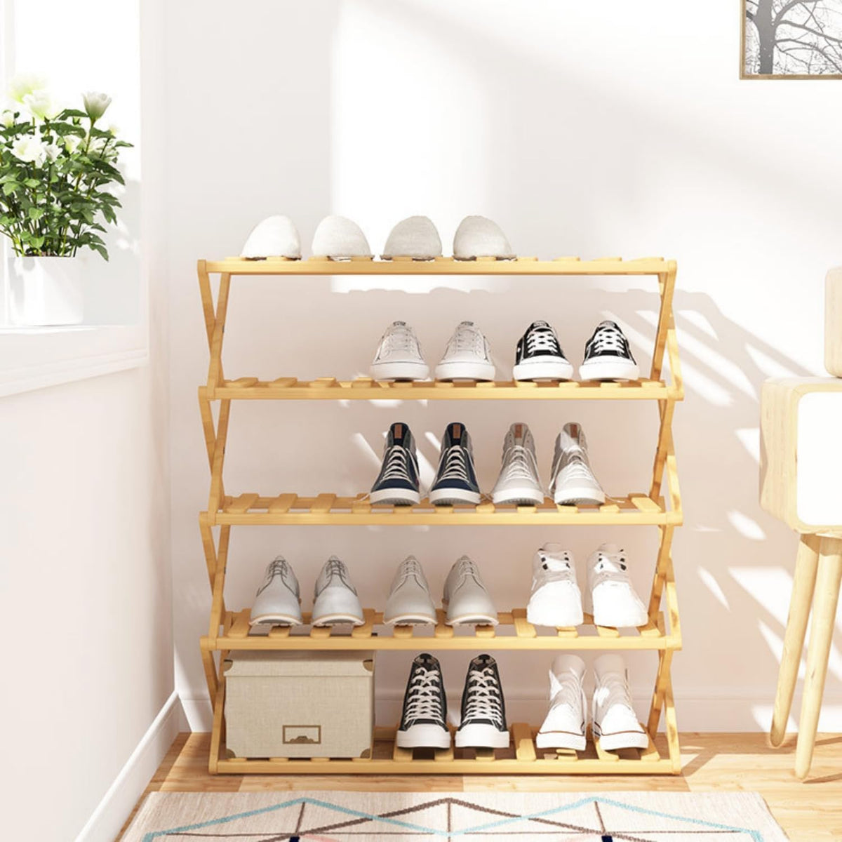 SKY-TOUCH 5-Tier Folding Shoe Racks, Foldable Bamboo Shoe Shelf Multifunctional Storage Free Standing Shoe Shelf, Sturdy Free Standing Shoe Racks for Porch, Entryway and Living Room