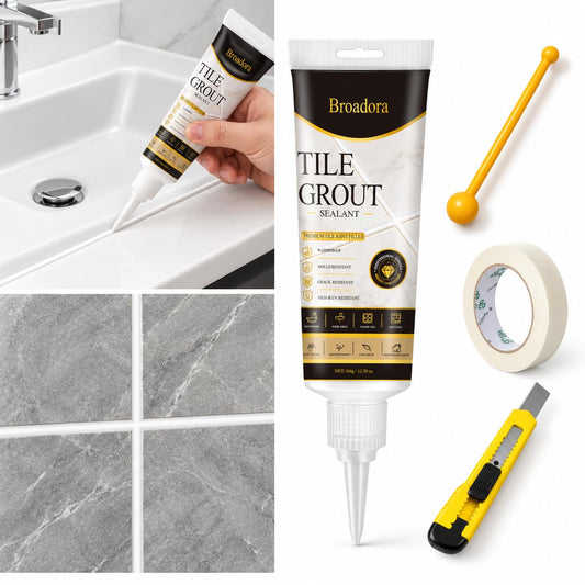 SKY-TOUCH Tile Grout Sealant Kit, 250g White Waterproof & Mold-Resistant Gap Filler, Squeeze Tube with Smoothing Tool, Masking Tape & Utility Knife for Bathroom & Kitchen