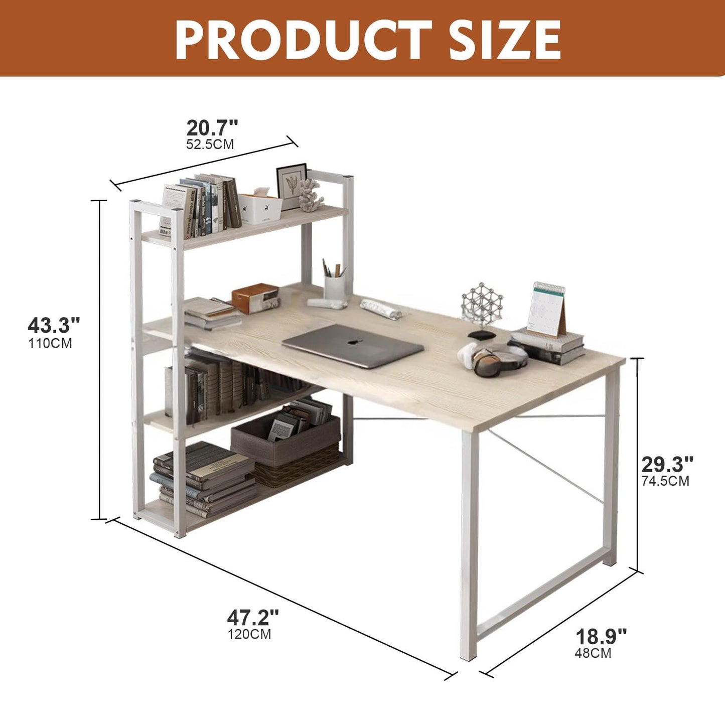 SKY-TOUCH Computer Desk with Shelves,120x48cm Writing Desk with Storage Bookshelf Reversible Study Table Office Corner Desk with Shelves Home Office Desk with Bookshelf Easy Assemble