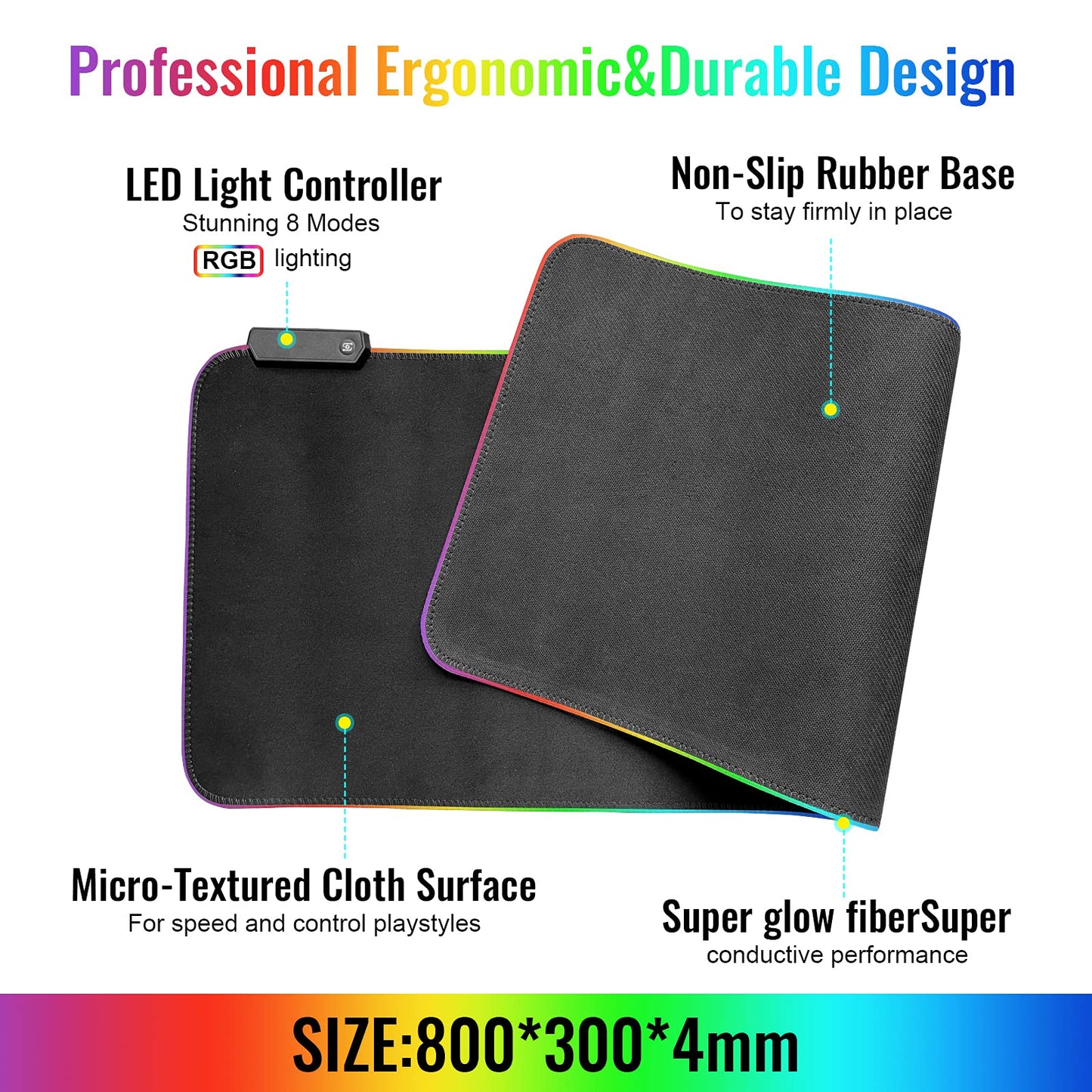 SKY-TOUCH Gaming Mouse Pad, RGB Mouse Pad Extra Large Soft Led Extended Mouse Pad (10 Lighting Modes), Anti-Slip Rubber Base Computer Keyboard Mat,800x300mm
