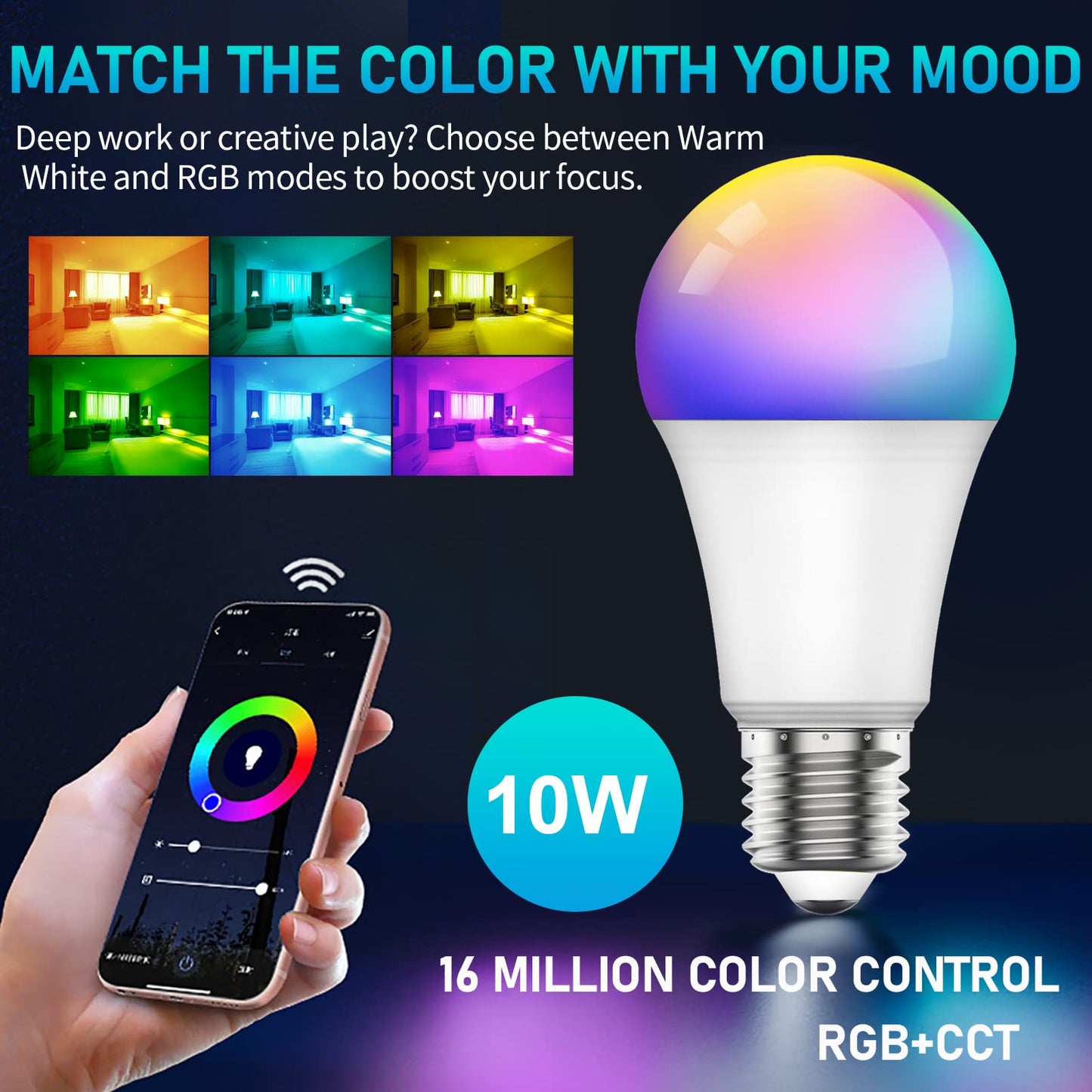 SKY-TOUCH 1 pcs Alexa WiFi Smart Led Bulb E27 Remote RGB Control Color,Multi Color Changing Dimmable Smart Wifi And Bluetooth Compatible Google Home Assistant,AC 190-24V,50/60HZ,10W,2700k-6500K