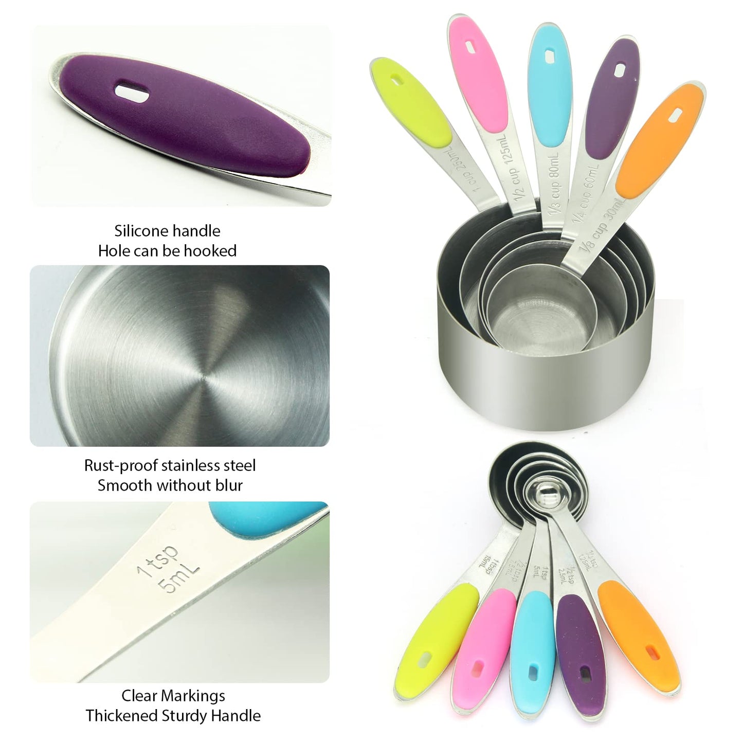 SKY-TOUCH 10 Piece Measuring Cups and Measuring Spoons Set with Detachable Ring – Stainless Steel Stackable 5 Cups 5 Spoons with Silicone Grip Handle to Measure Dry Liquid Food for Cooking or Baking