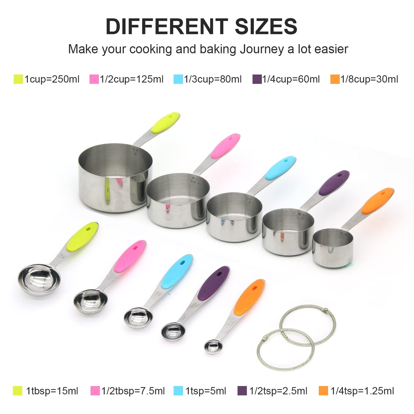 SKY-TOUCH 10 Piece Measuring Cups and Measuring Spoons Set with Detachable Ring – Stainless Steel Stackable 5 Cups 5 Spoons with Silicone Grip Handle to Measure Dry Liquid Food for Cooking or Baking