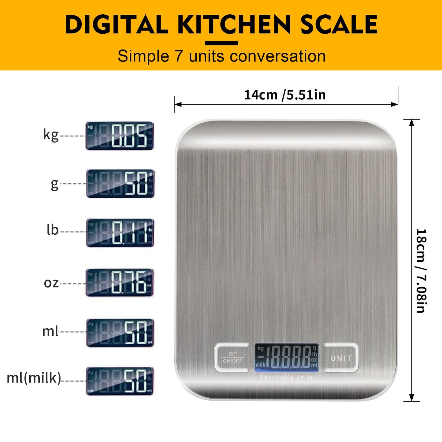 SKY-TOUCH Digital Food Scale Kitchen Scale Slim Stainless Multifunction Scale With LCD Display And Tare Measuring Four Units Of Measure Conversion Batteries Included-Silver