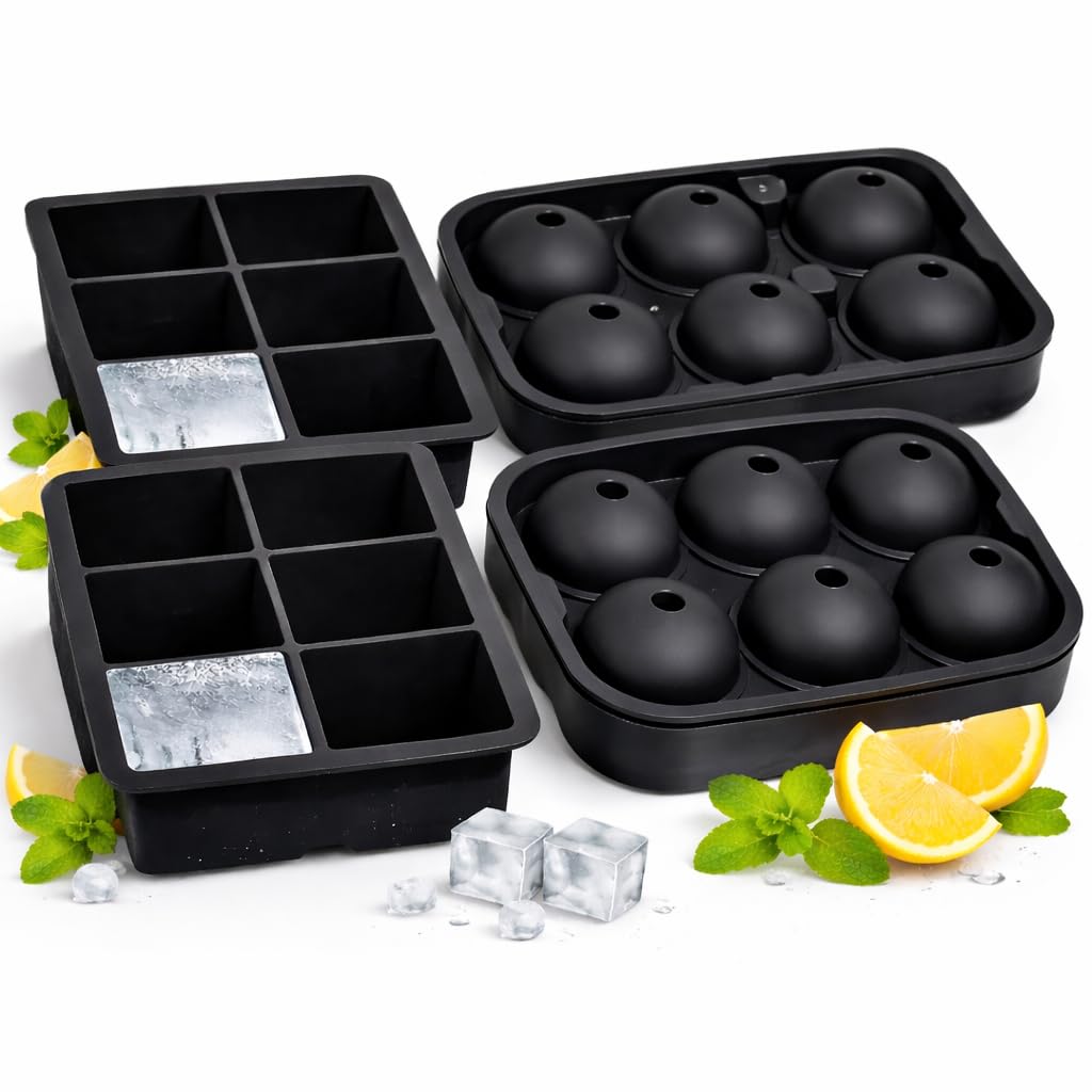 SKY-TOUCH Ice Cube Trays Silicone Set of 2, Sphere Round Ice Ball Maker and Large Square Ice Cube Mold,Black
