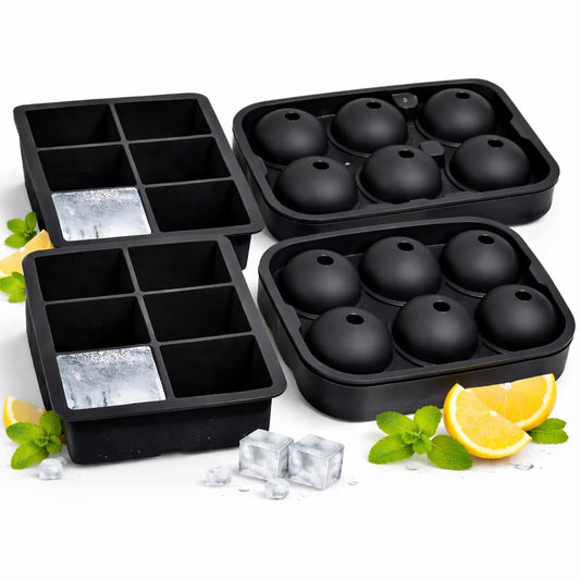 SKY-TOUCH Ice Cube Trays Silicone Set of 2, Sphere Round Ice Ball Maker and Large Square Ice Cube Mold,Black