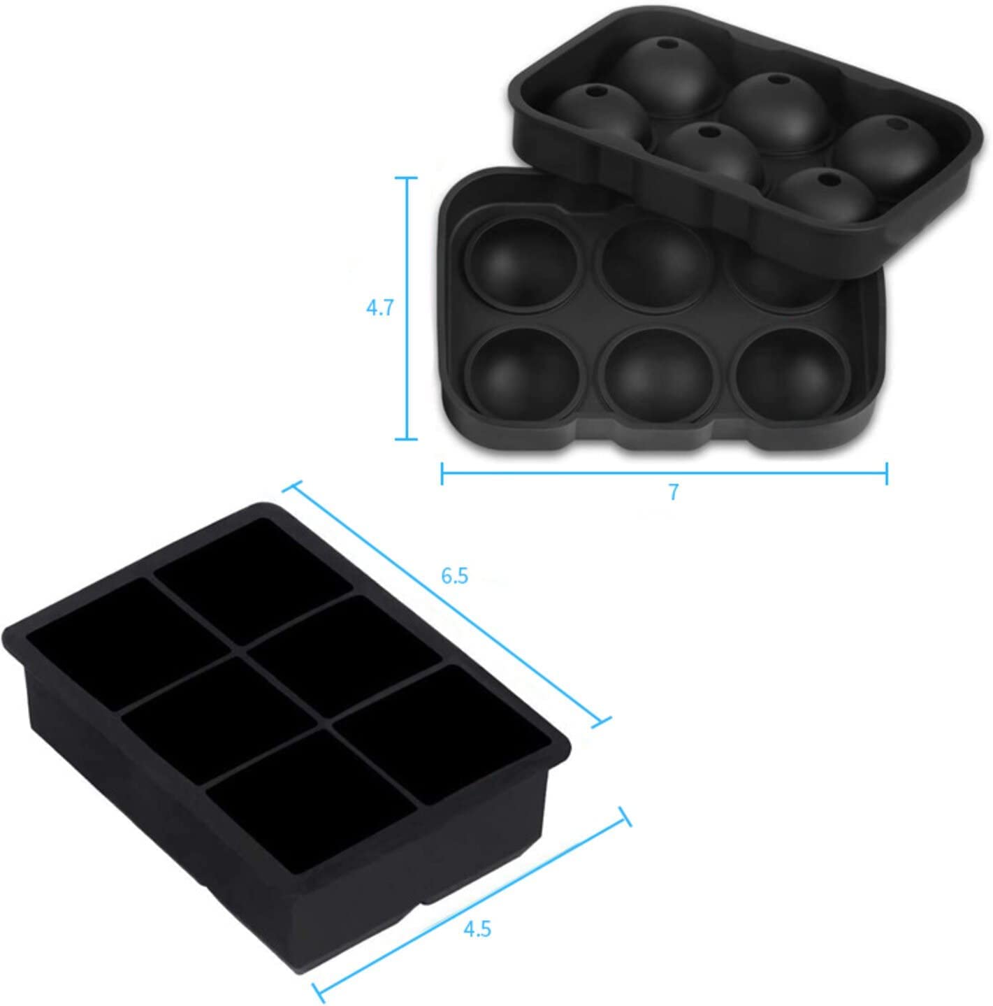 SKY-TOUCH Ice Cube Trays Silicone Set of 2, Sphere Round Ice Ball Maker and Large Square Ice Cube Mold,Black