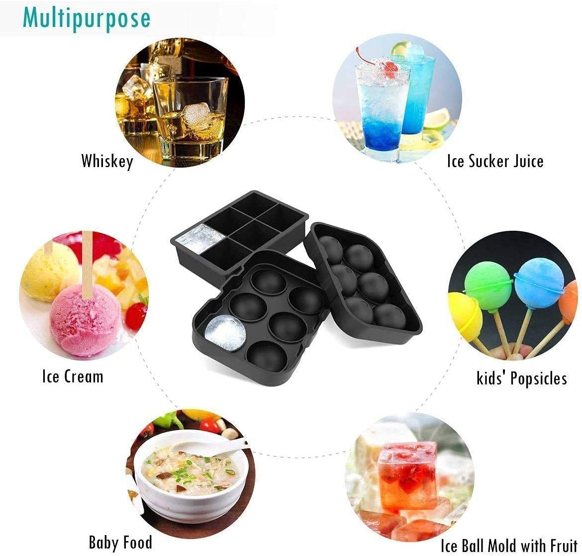 SKY-TOUCH Ice Cube Trays Silicone Set of 2, Sphere Round Ice Ball Maker and Large Square Ice Cube Mold,Black