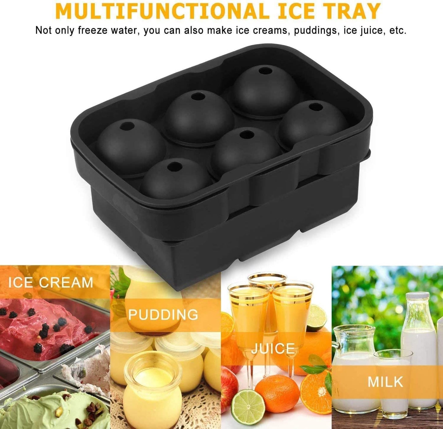 SKY-TOUCH Ice Cube Trays Silicone Set of 2, Sphere Round Ice Ball Maker and Large Square Ice Cube Mold,Black
