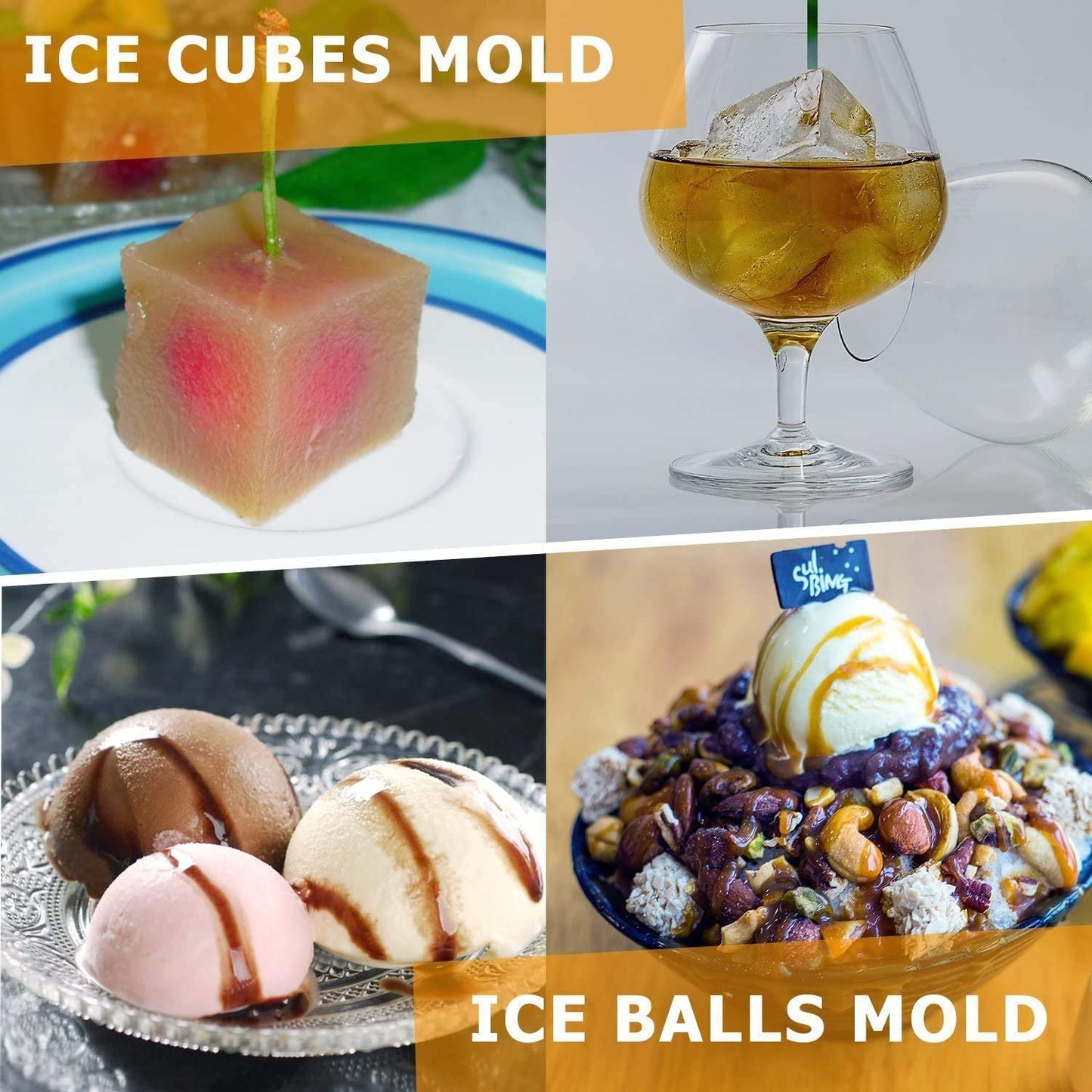 SKY-TOUCH Ice Cube Trays Silicone Set of 2, Sphere Round Ice Ball Maker and Large Square Ice Cube Mold,Black