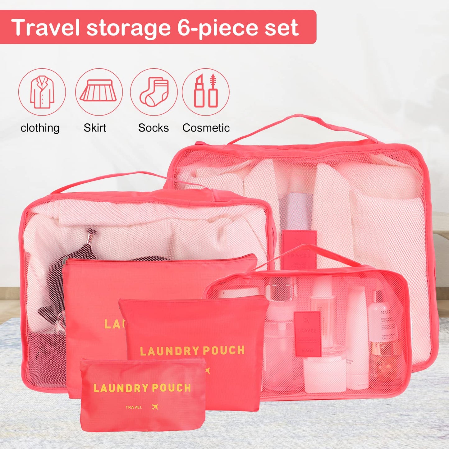 SKY-TOUCH 6-Piece Travel Luggage Organizer Set, Waterproof Packing Cubes and Laundry Bags, Travel Accessories,