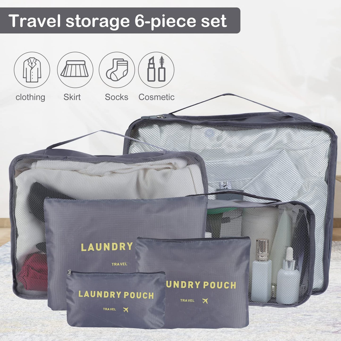 SKY-TOUCH 6-Piece Travel Luggage Organizer Set, Waterproof Packing Cubes and Laundry Bags, Travel Accessories,