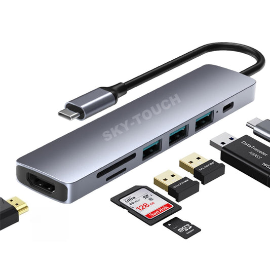 SKY-TOUCH 7 in 1 USB C Hub Multiport Type-CAdapter, USB Hubs with SD Card Reader, 4K HDMI Output, 3 USB 3.0 Ports for MacBook Pro, XPS More Type C