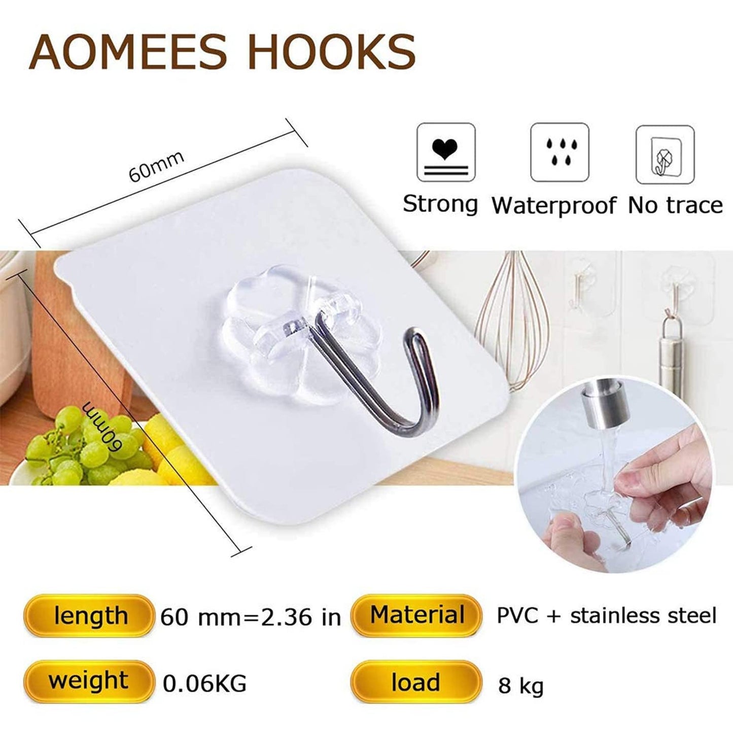 SKY-TOUCH Adhesive Hooks Heavy Duty Wall Hooks 20Pack 8kg (Max) Self Adhesive Hook