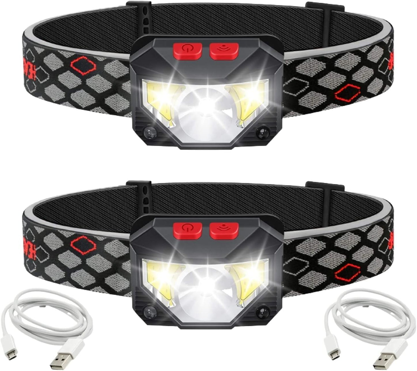 SKY-TOUCH LED Head Torch, 800 Lumen Ultra-Light Bright LED Rechargeable Headlamp with White Red Light, 2-Pack Waterproof Motion Sensor Headlights, 6 Modes for Outdoor Camping Cycling Running Fishing
