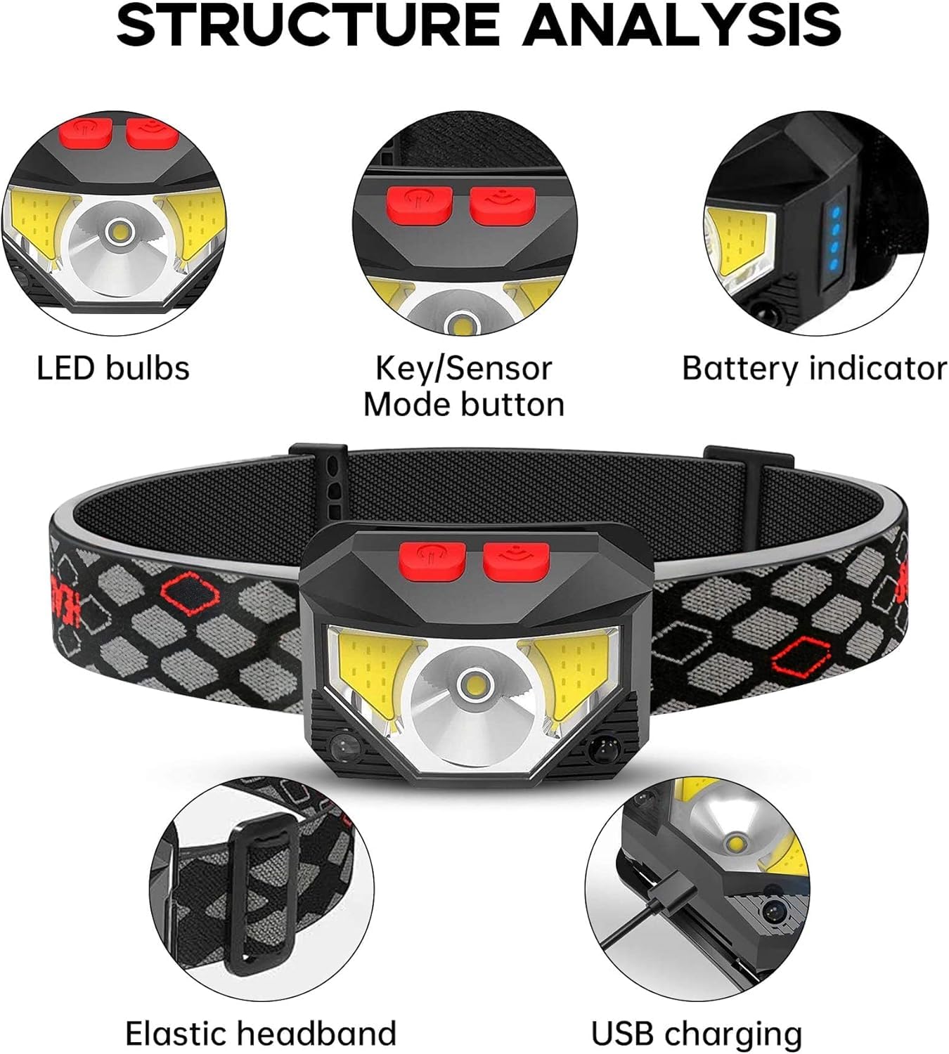 SKY-TOUCH LED Head Torch, 800 Lumen Ultra-Light Bright LED Rechargeable Headlamp with White Red Light, 2-Pack Waterproof Motion Sensor Headlights, 6 Modes for Outdoor Camping Cycling Running Fishing