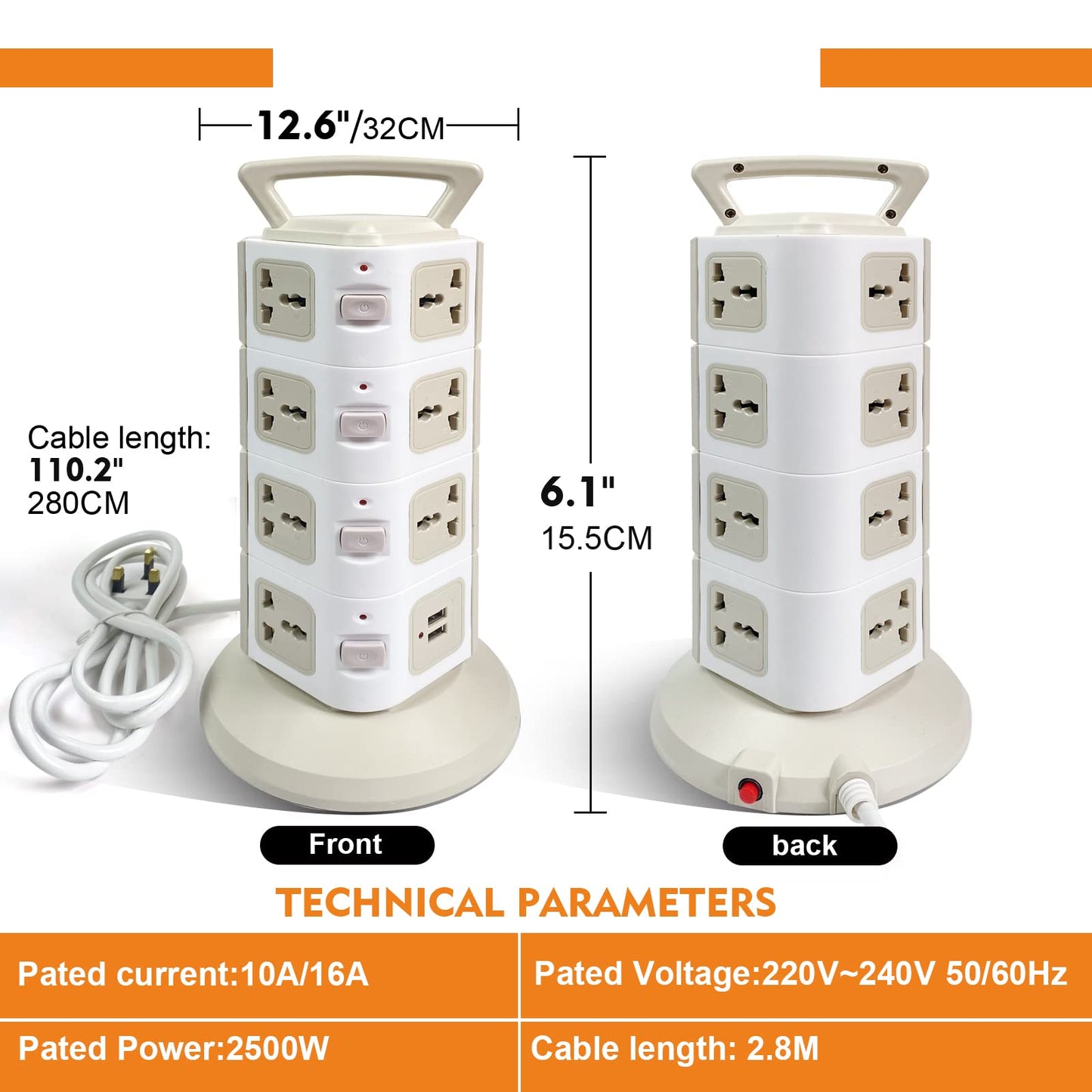 SKY-TOUCH Vertical Tower Power Strip Universal with 14 Charging Multi Plugs 4 USB Ports, Electric Charging Station Surge Protector