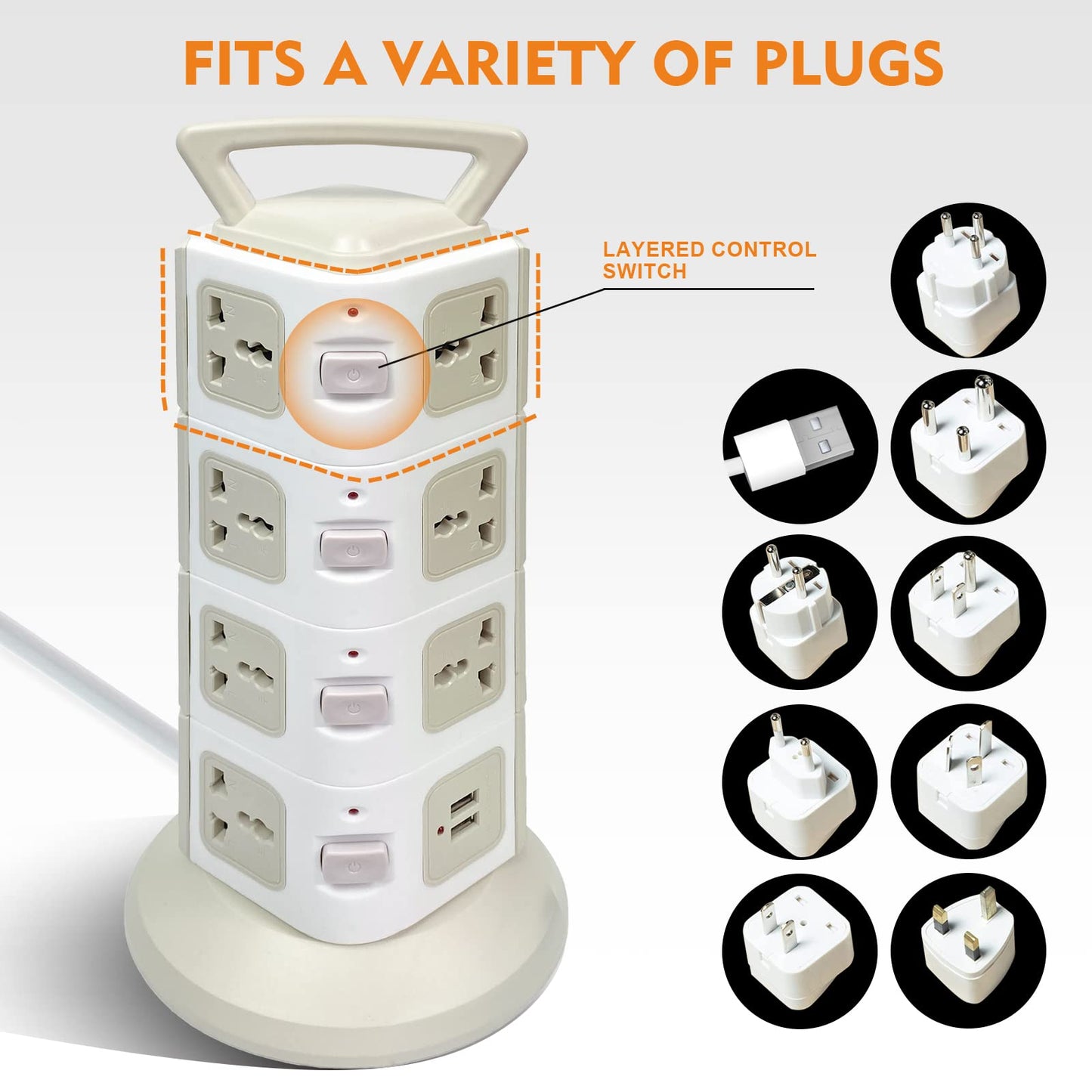 SKY-TOUCH Vertical Tower Power Strip Universal with 14 Charging Multi Plugs 4 USB Ports, Electric Charging Station Surge Protector