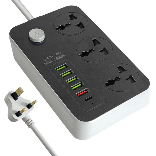 SKY-TOUCH Power Strips Extension Cords 3 Outlets, Universal Power Socket with 6 USB Ports, 2M Bold Extension Cord Plug Adapter for Home, Office, Kitchen