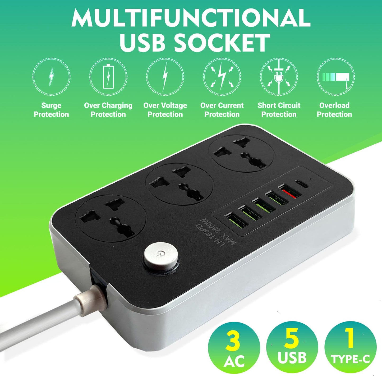 SKY-TOUCH Power Strips Extension Cords 3 Outlets, Universal Power Socket with 6 USB Ports, 2M Bold Extension Cord Plug Adapter for Home, Office, Kitchen