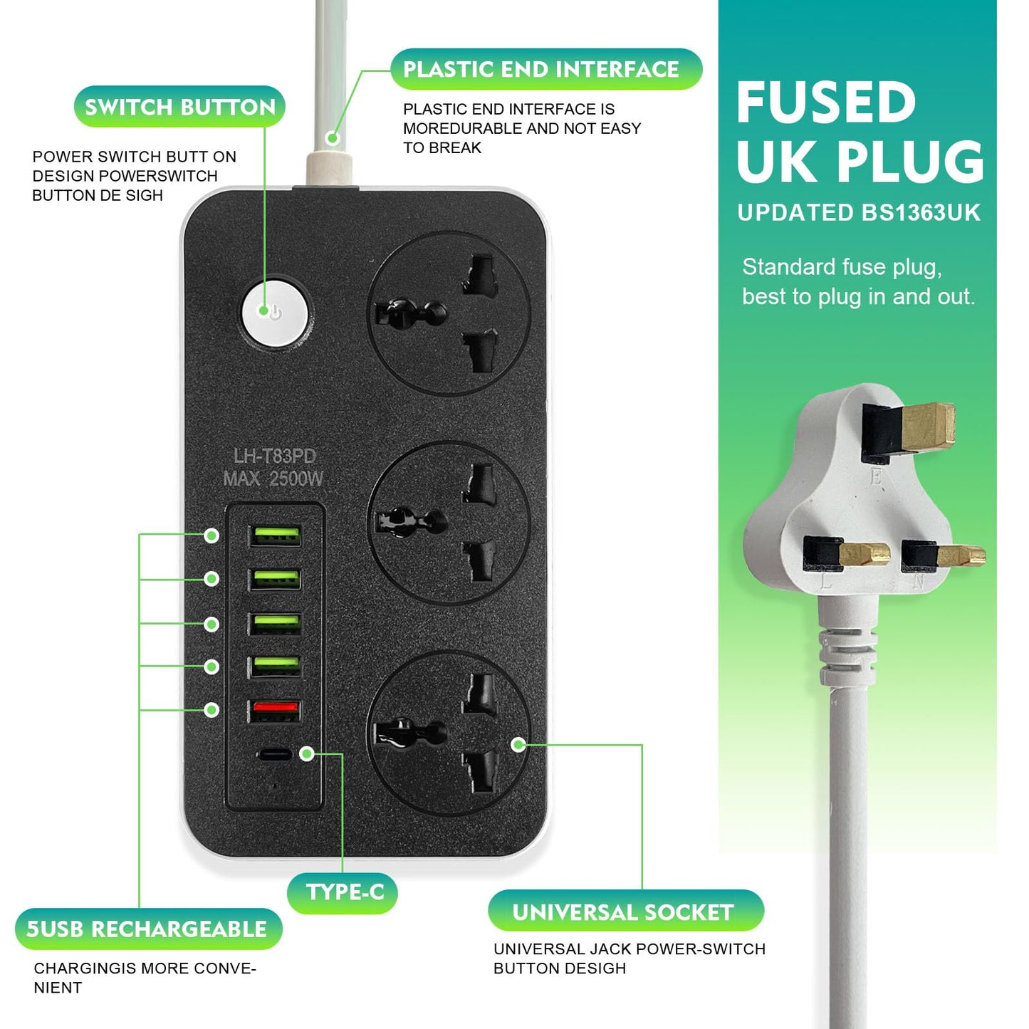 SKY-TOUCH Power Strips Extension Cords 3 Outlets, Universal Power Socket with 6 USB Ports, 2M Bold Extension Cord Plug Adapter for Home, Office, Kitchen