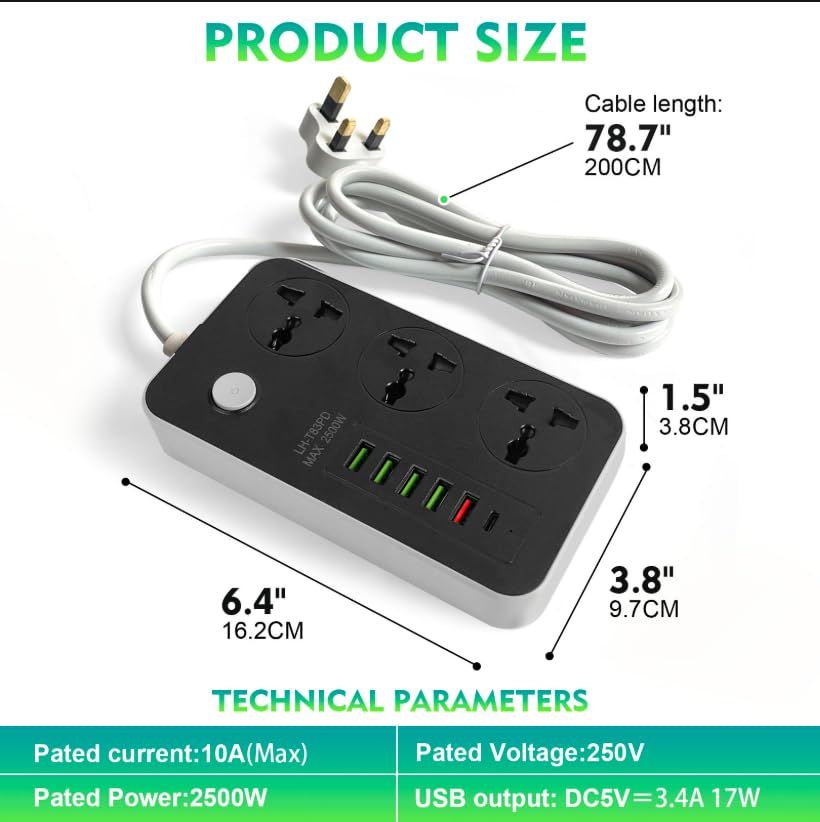 SKY-TOUCH Power Strips Extension Cords 3 Outlets, Universal Power Socket with 6 USB Ports, 2M Bold Extension Cord Plug Adapter for Home, Office, Kitchen