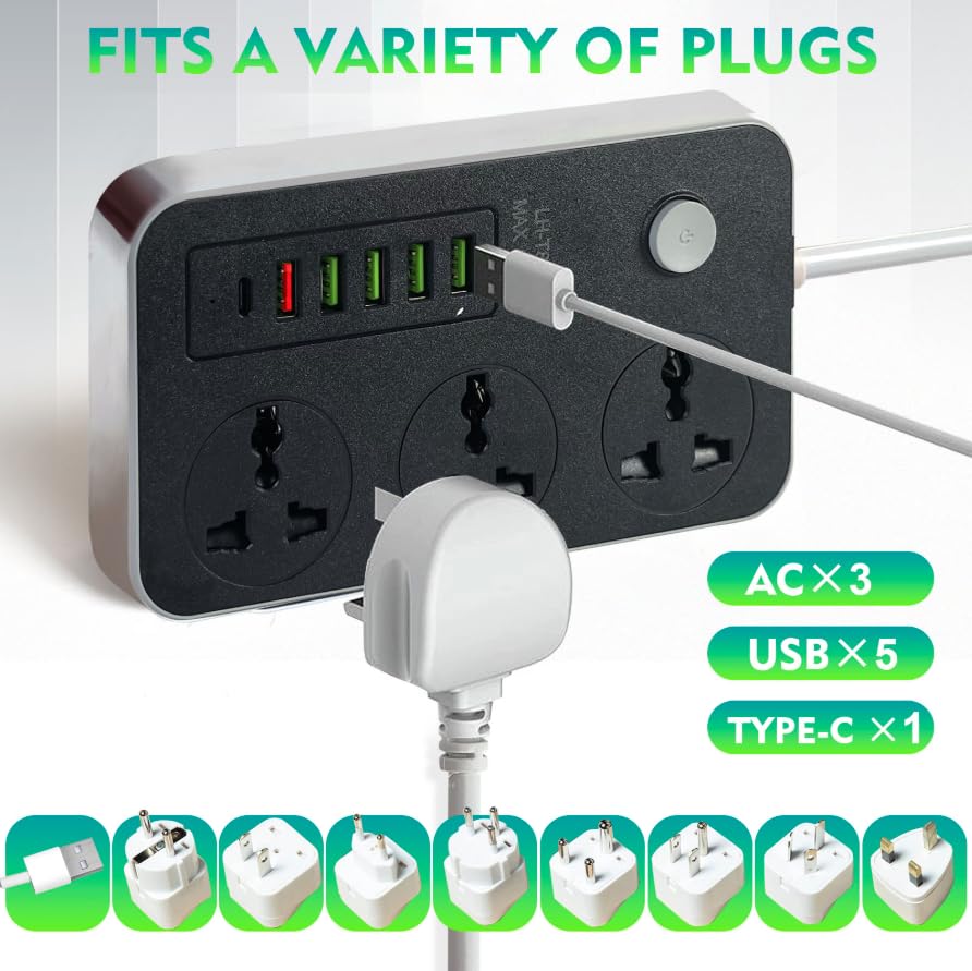 SKY-TOUCH Power Strips Extension Cords 3 Outlets, Universal Power Socket with 6 USB Ports, 2M Bold Extension Cord Plug Adapter for Home, Office, Kitchen