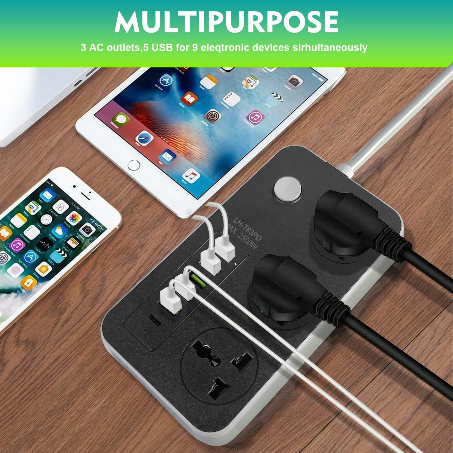 SKY-TOUCH Power Strips Extension Cords 3 Outlets, Universal Power Socket with 6 USB Ports, 2M Bold Extension Cord Plug Adapter for Home, Office, Kitchen