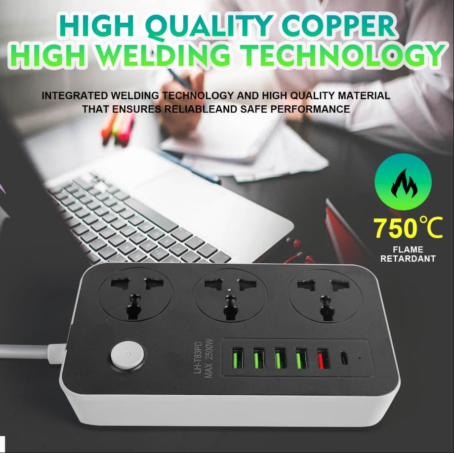SKY-TOUCH Power Strips Extension Cords 3 Outlets, Universal Power Socket with 6 USB Ports, 2M Bold Extension Cord Plug Adapter for Home, Office, Kitchen