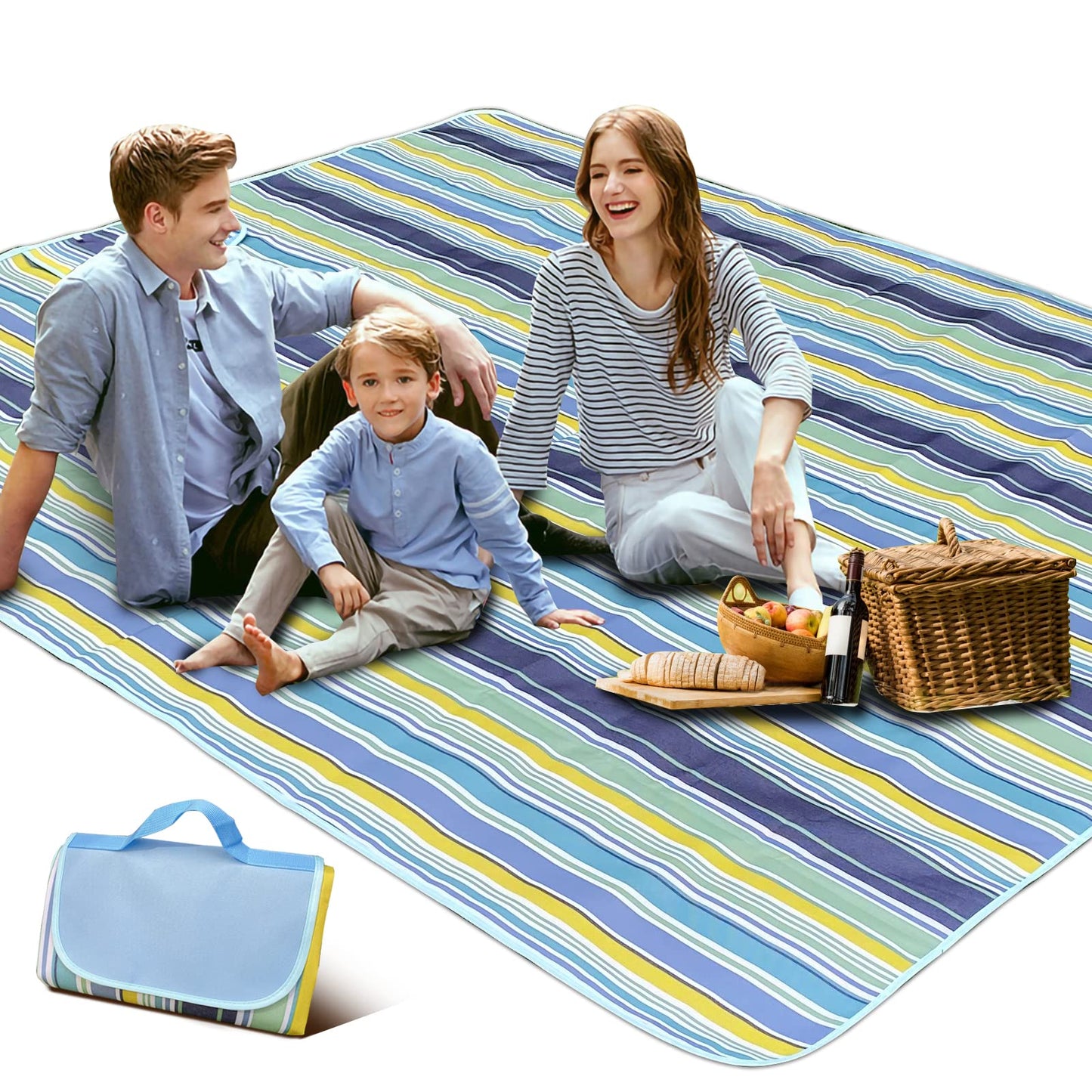 SKY-TOUCH Portable Waterproof Picnic and Beach Blanket, 180x145cm, Green and Blue, Foldable Mat for Outdoor Camping, Park, and Garden