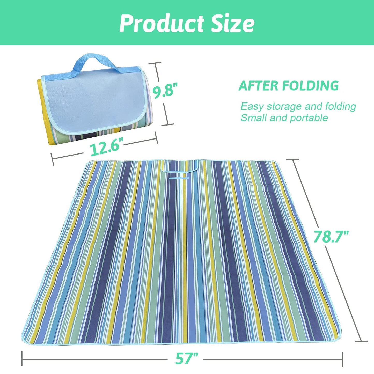 SKY-TOUCH Portable Waterproof Picnic and Beach Blanket, 180x145cm, Green and Blue, Foldable Mat for Outdoor Camping, Park, and Garden