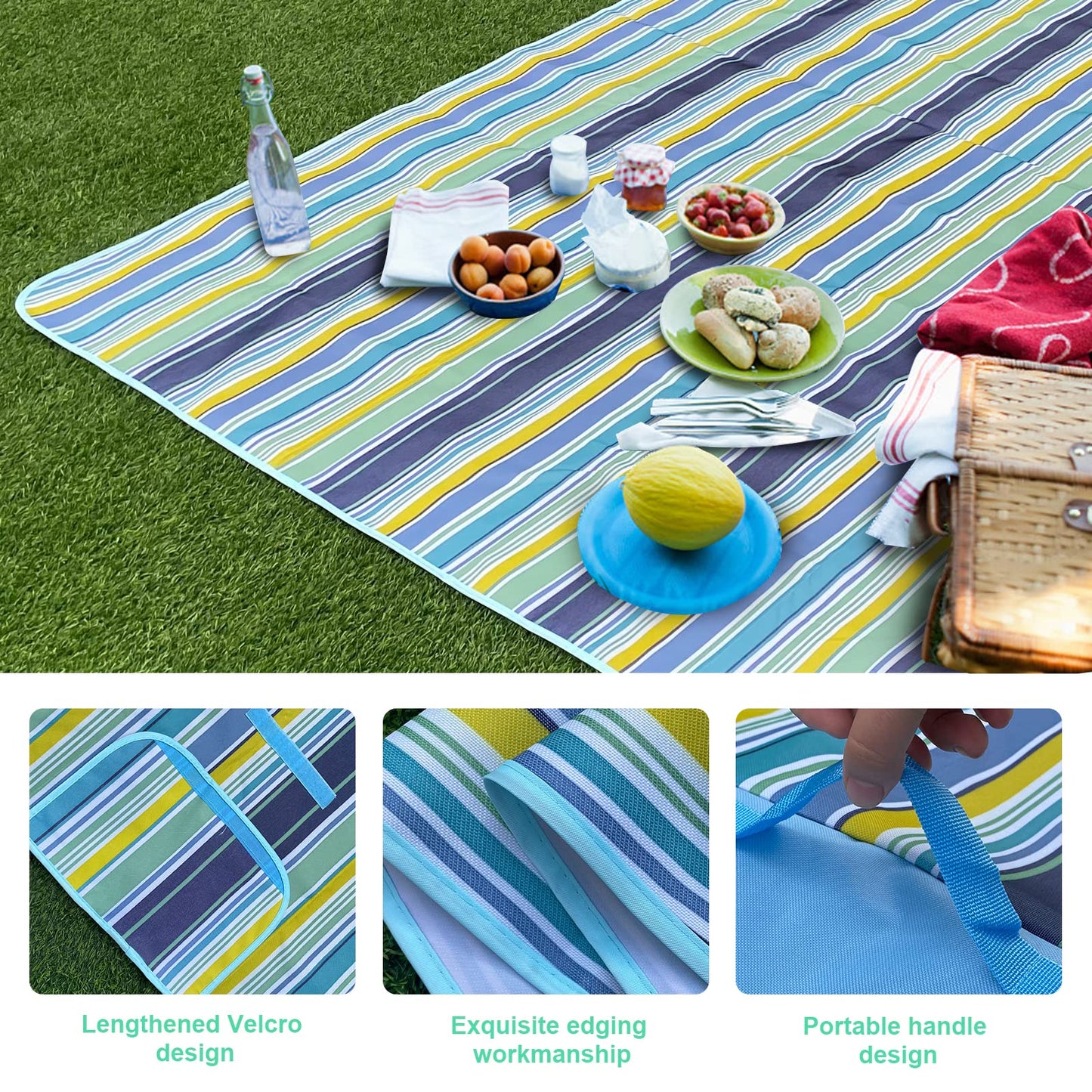 SKY-TOUCH Portable Waterproof Picnic and Beach Blanket, 180x145cm, Green and Blue, Foldable Mat for Outdoor Camping, Park, and Garden