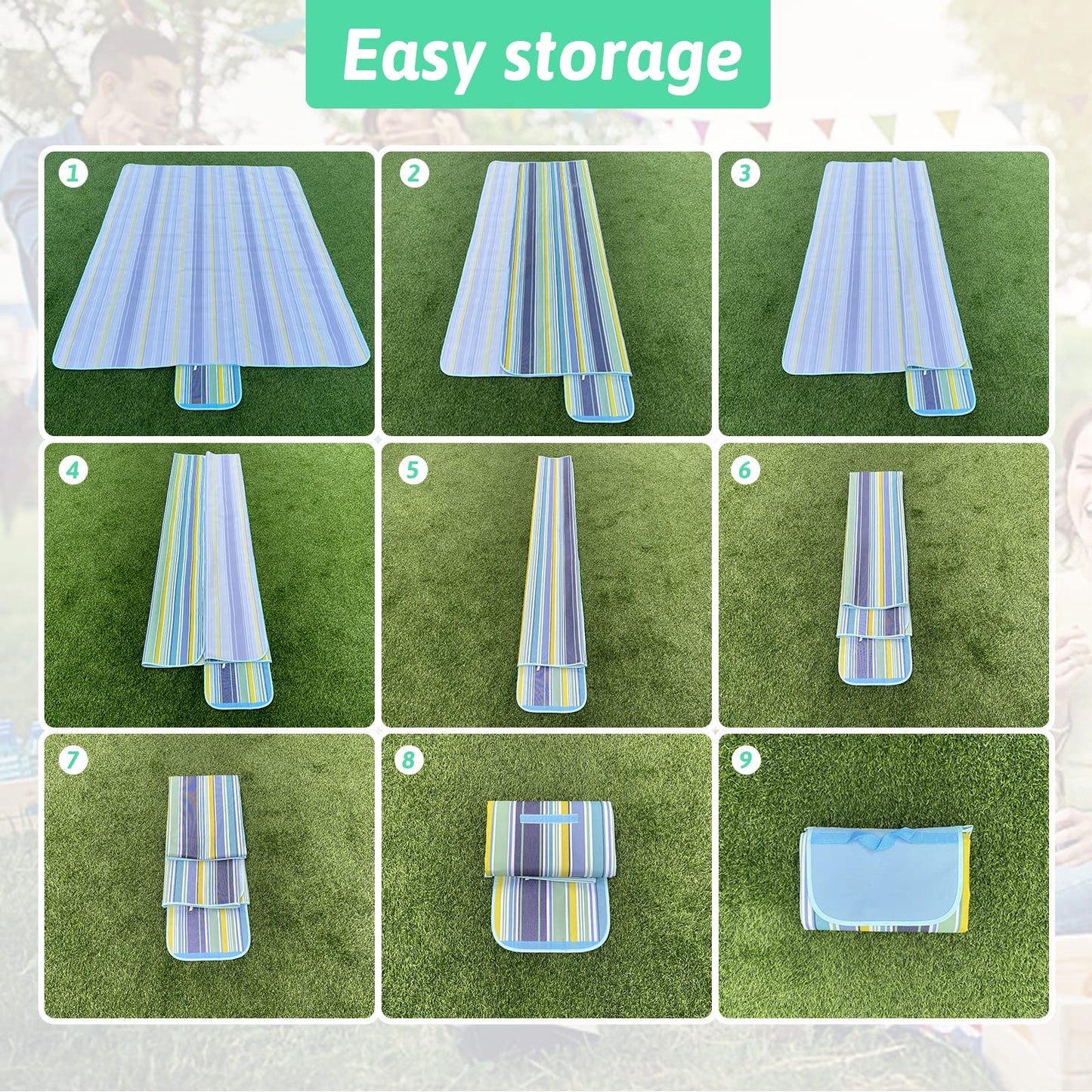 SKY-TOUCH Portable Waterproof Picnic and Beach Blanket, 180x145cm, Green and Blue, Foldable Mat for Outdoor Camping, Park, and Garden