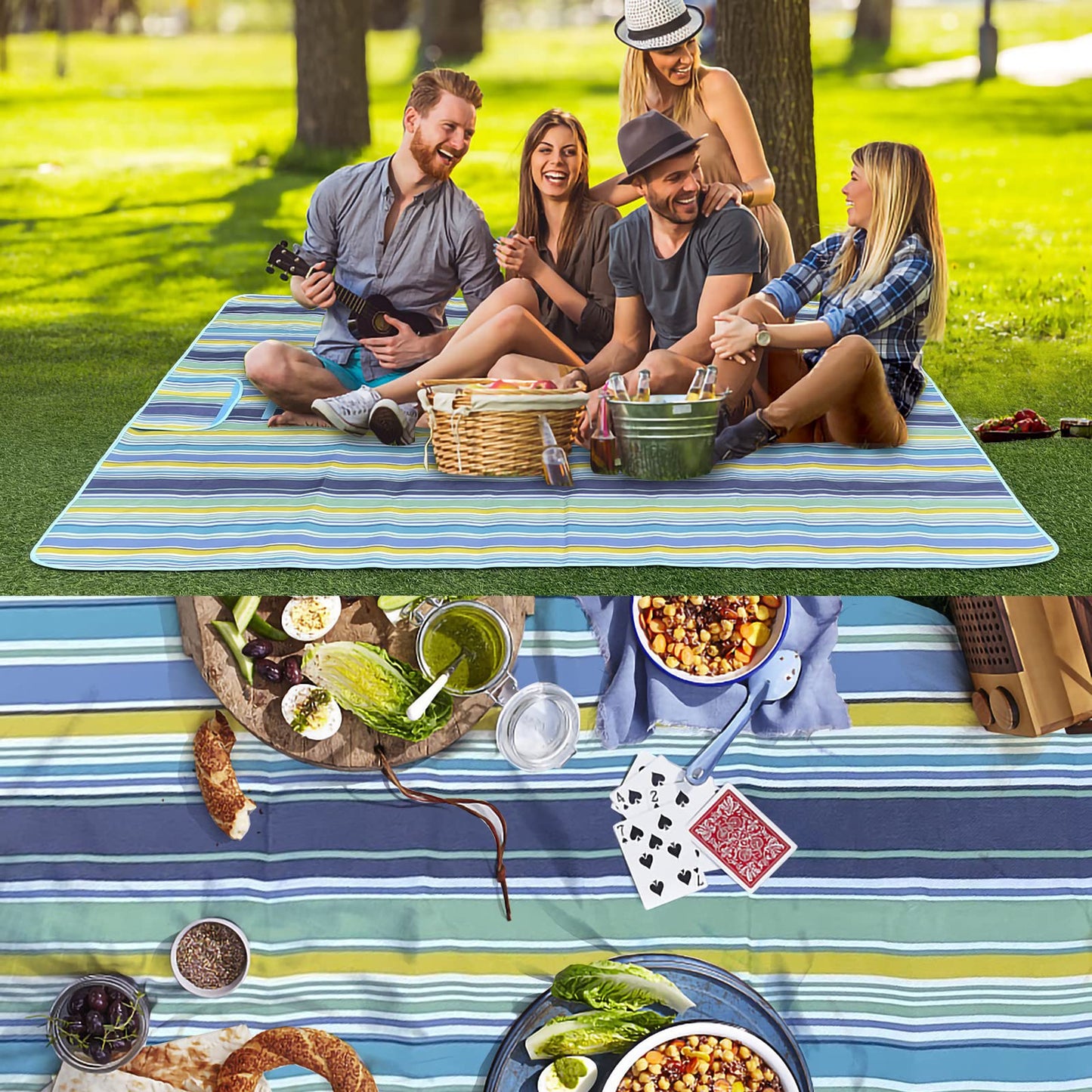 SKY-TOUCH Portable Waterproof Picnic and Beach Blanket, 180x145cm, Green and Blue, Foldable Mat for Outdoor Camping, Park, and Garden