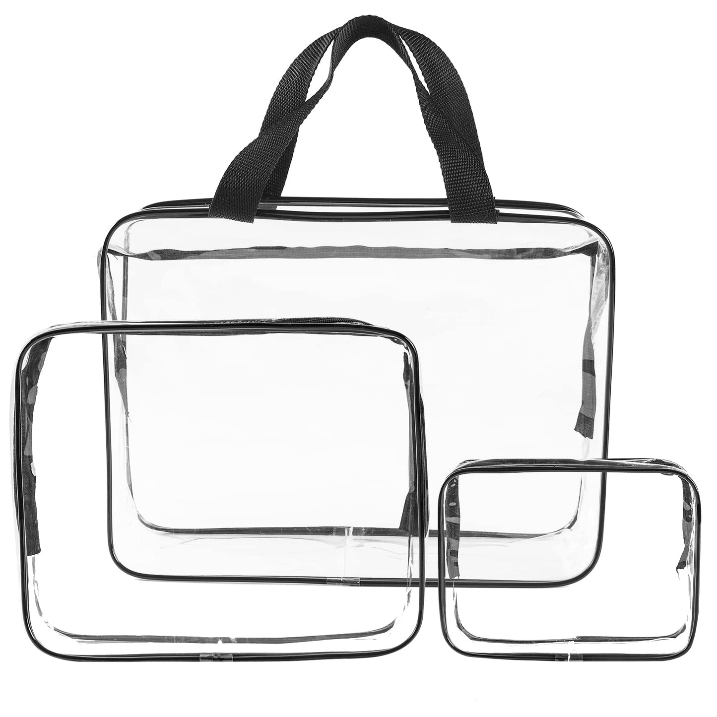 SKY-TOUCH 3-Piece Clear Cosmetic Bag Set, Portable Zippered Toiletry Bags with Carry Handle, Waterproof Travel and Bathroom Storage Pouches, Black