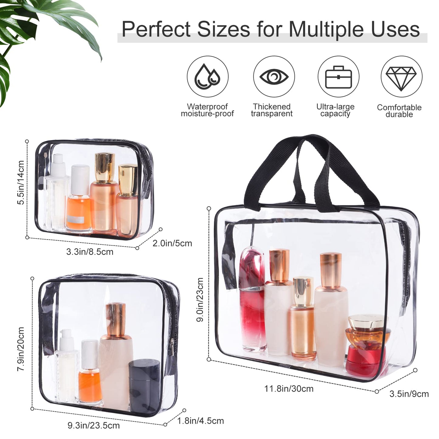 SKY-TOUCH 3-Piece Clear Cosmetic Bag Set, Portable Zippered Toiletry Bags with Carry Handle, Waterproof Travel and Bathroom Storage Pouches, Black