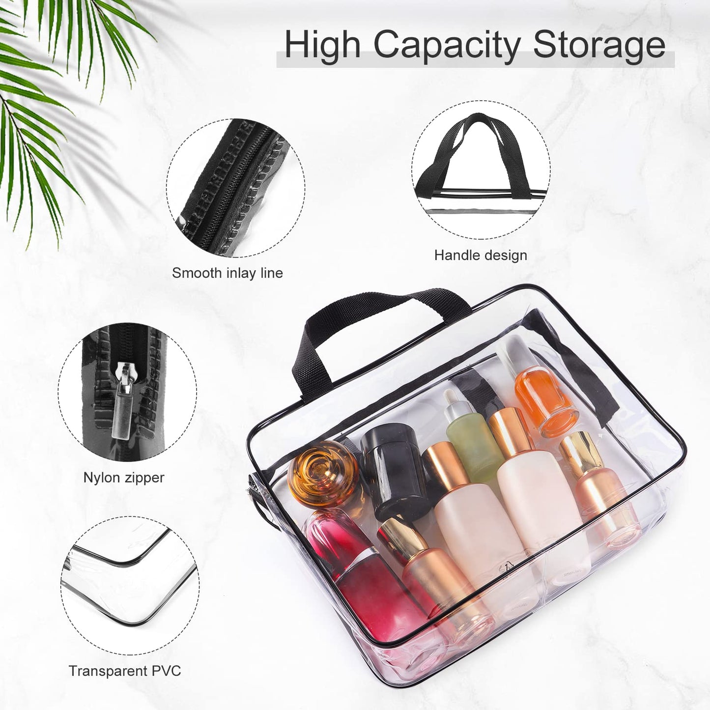 SKY-TOUCH 3-Piece Clear Cosmetic Bag Set, Portable Zippered Toiletry Bags with Carry Handle, Waterproof Travel and Bathroom Storage Pouches, Black