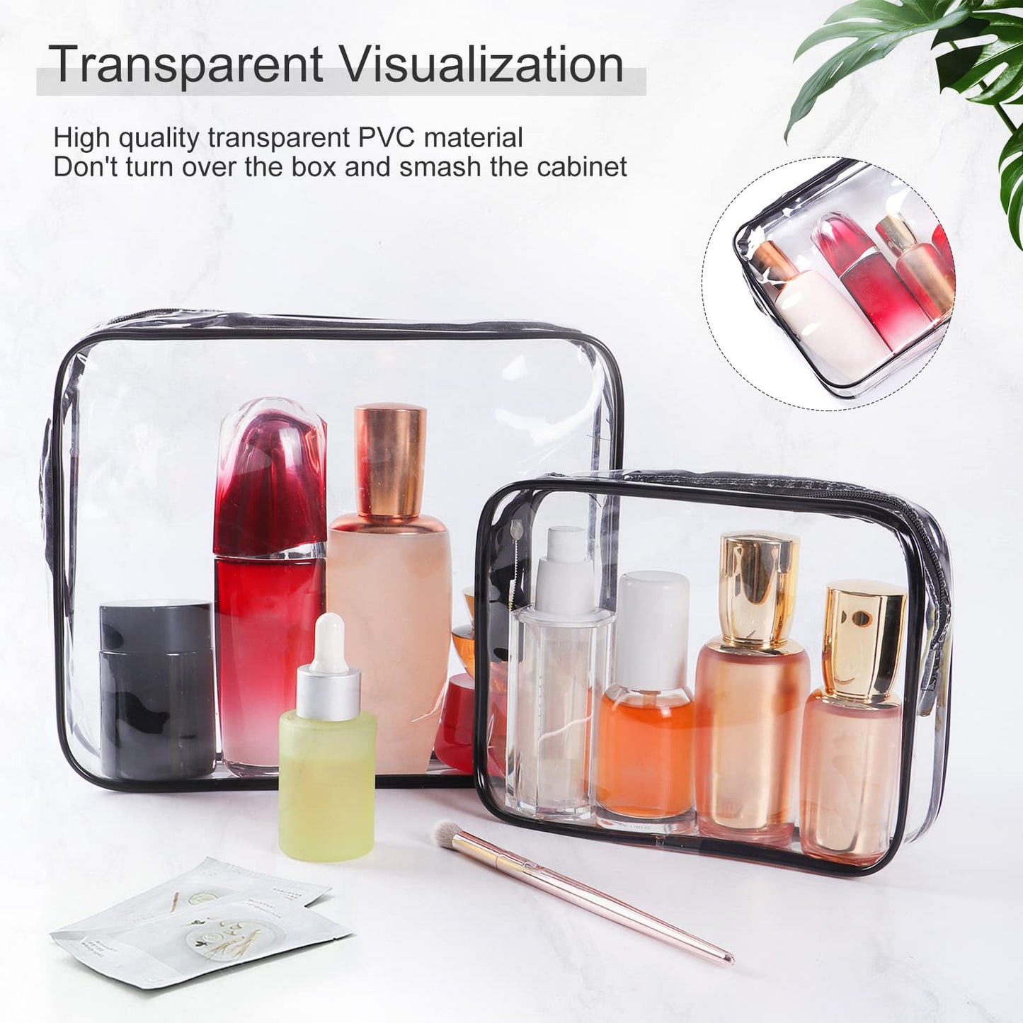 SKY-TOUCH 3-Piece Clear Cosmetic Bag Set, Portable Zippered Toiletry Bags with Carry Handle, Waterproof Travel and Bathroom Storage Pouches, Black