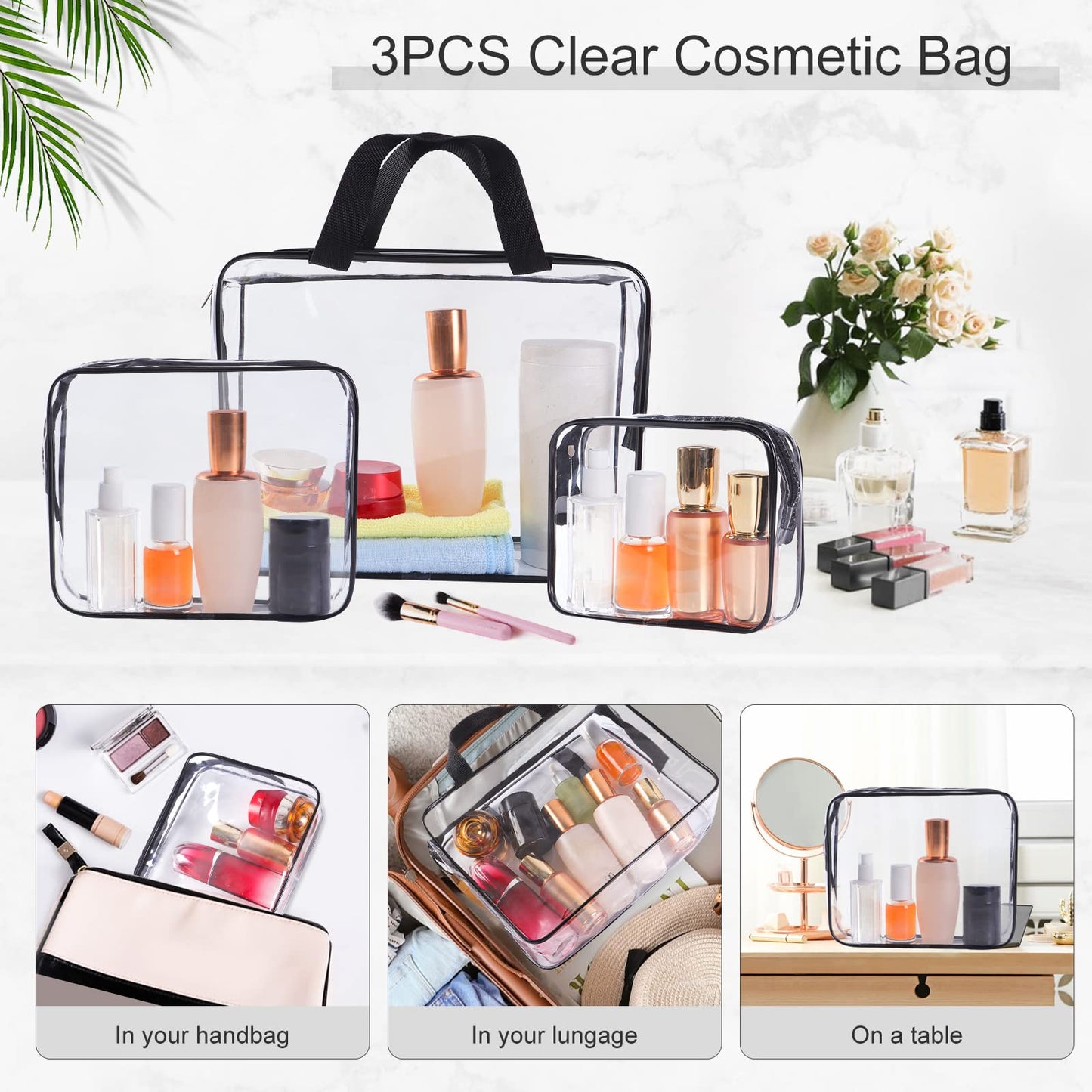 SKY-TOUCH 3-Piece Clear Cosmetic Bag Set, Portable Zippered Toiletry Bags with Carry Handle, Waterproof Travel and Bathroom Storage Pouches, Black