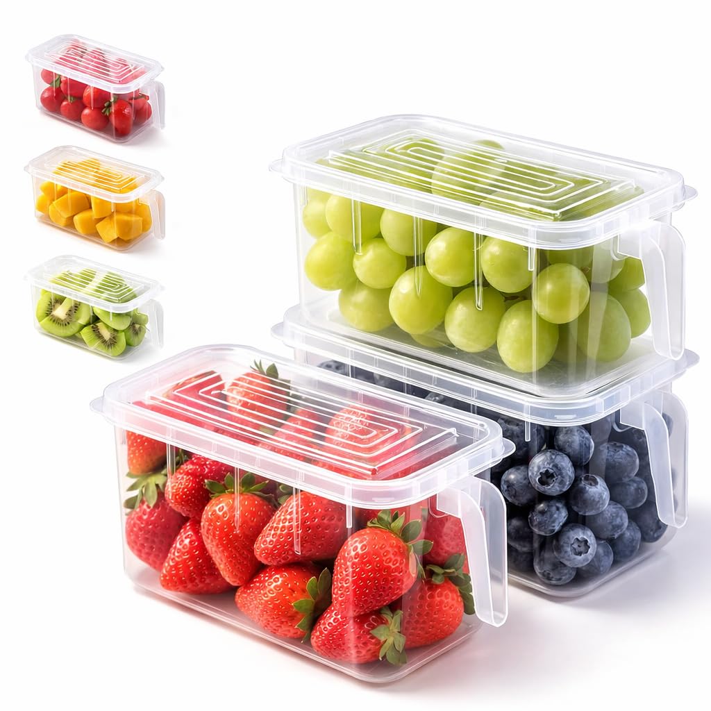 SKY-TOUCH 3 Pieces Fruits and Food Storage Box with Handle, Freezer Safe with Lids, Transparent Storage Food Organizer