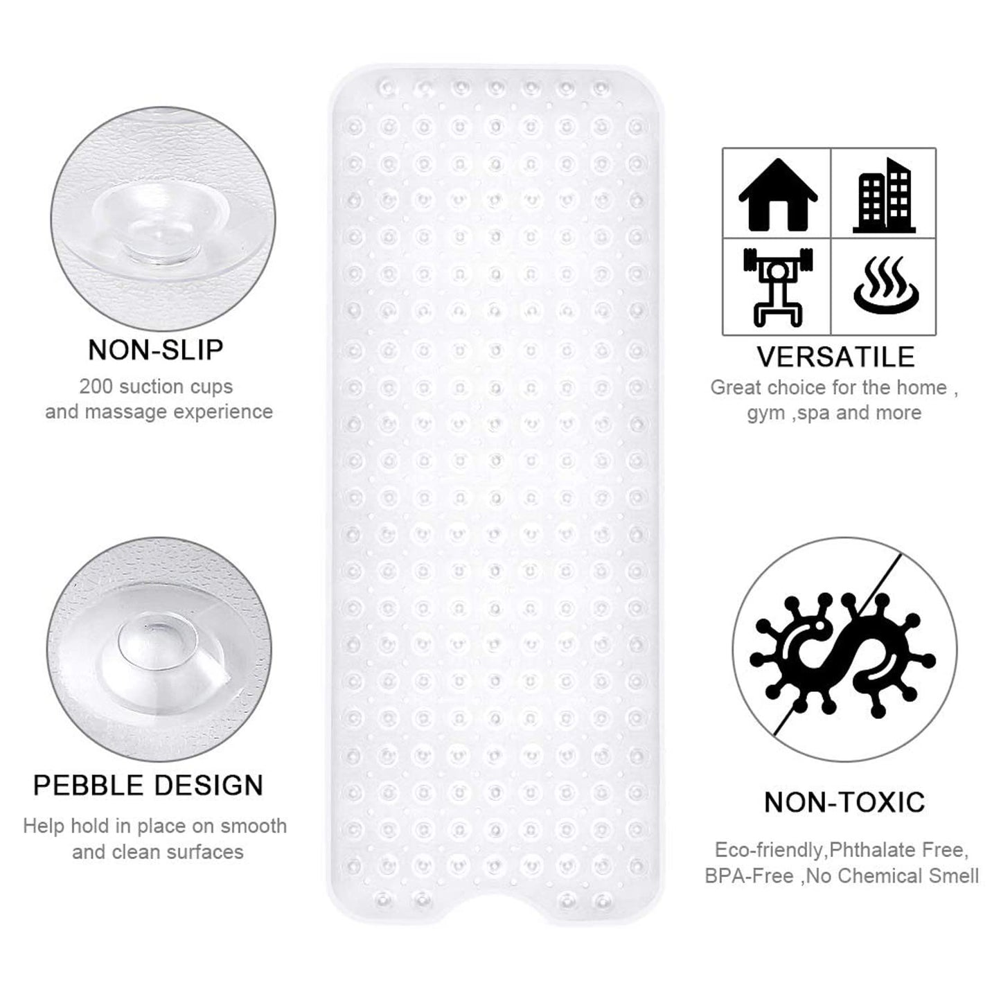 SKY-TOUCH Non-Slip Bathtub & Shower Mat, Extra Large with Suction Cups, Drain Holes, Machine Washable, Clear